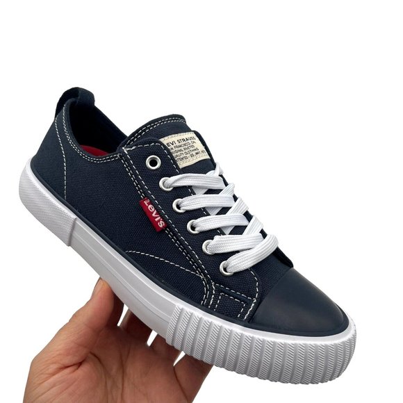 Levis Youth Boys Girls Classic Sneaker Size 3 Navy Blue Vegan Canva Lace up Shoe - Picture 1 of 16